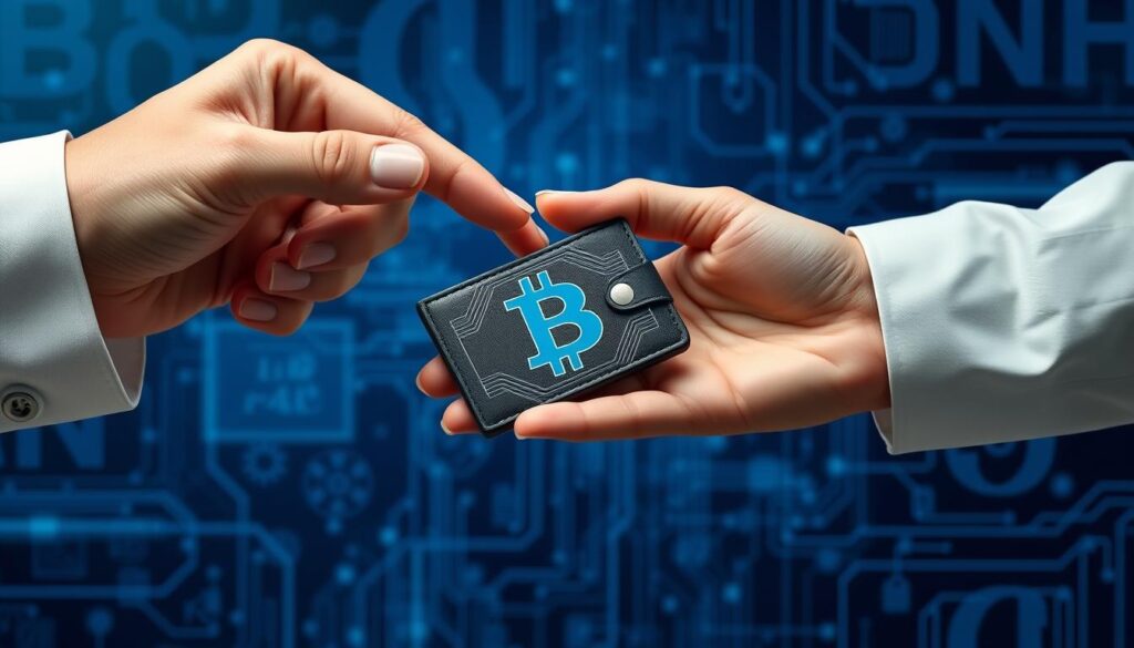 Bitcoin inheritance concept showing a hardware wallet being passed between hands, symbolizing digital asset transfer