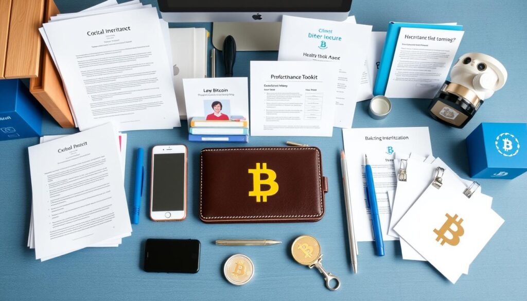 Bitcoin inheritance planning toolkit with legal documents, hardware wallet, and educational materials