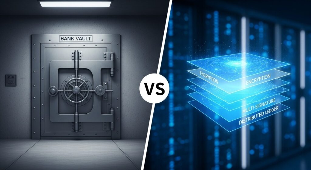 Comparison between a traditional bank vault and a digital Bitcoin vault showing multiple security layers