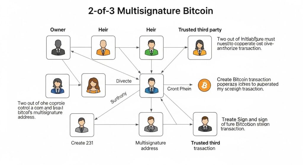 Diagram of a 2-of-3 multisignature Bitcoin inheritance setup showing key distribution between owner, heir, and trusted third party
