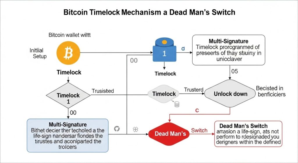 Diagram showing how Bitcoin timelocks work for inheritance with a dead man's switch mechanism