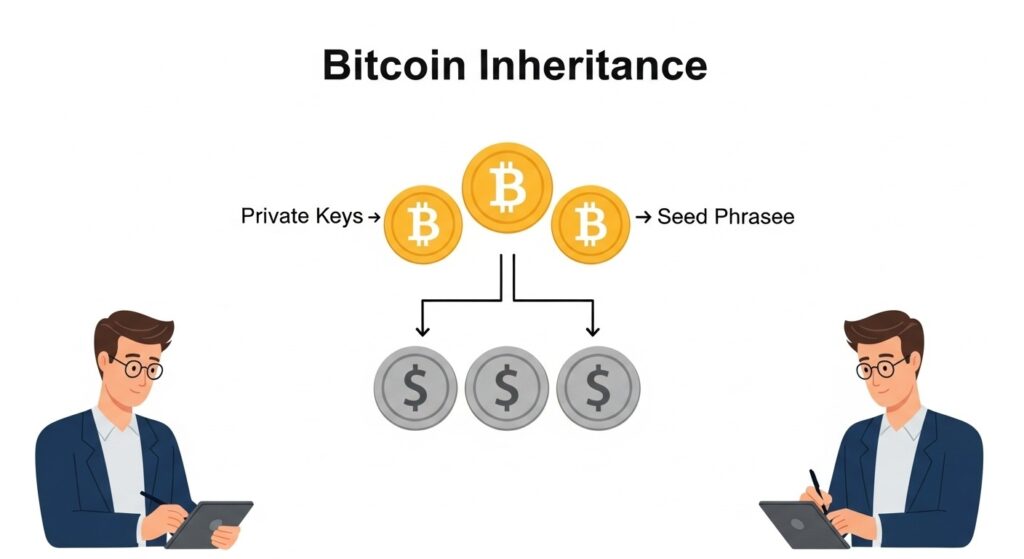 Diagram showing the Bitcoin inheritance dilemma with private keys and seed phrases.