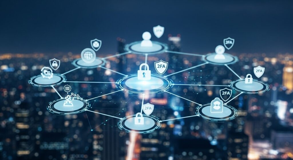 Digital ecosystem showing connected accounts requiring 2FA protection