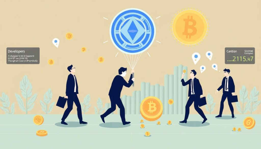 Illustration of a rug pull crypto scam showing developers abandoning a project