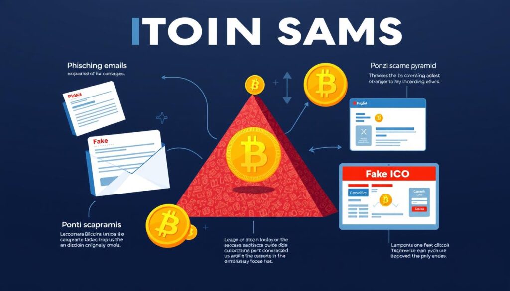 Illustration showing common Bitcoin scam types including phishing, Ponzi schemes, and fake ICOs