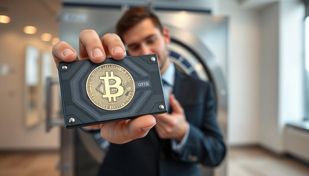 Person holding a hardware wallet device for Bitcoin self-custody