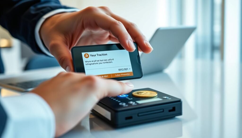 Person sending a test Bitcoin transaction to verify wallet setup