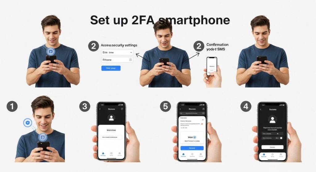 Person setting up 2FA on their smartphone with step-by-step visual guide