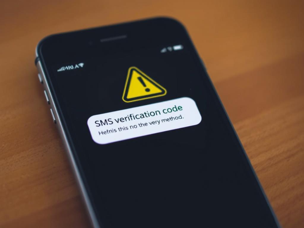 Phone displaying SMS verification code with warning symbol
