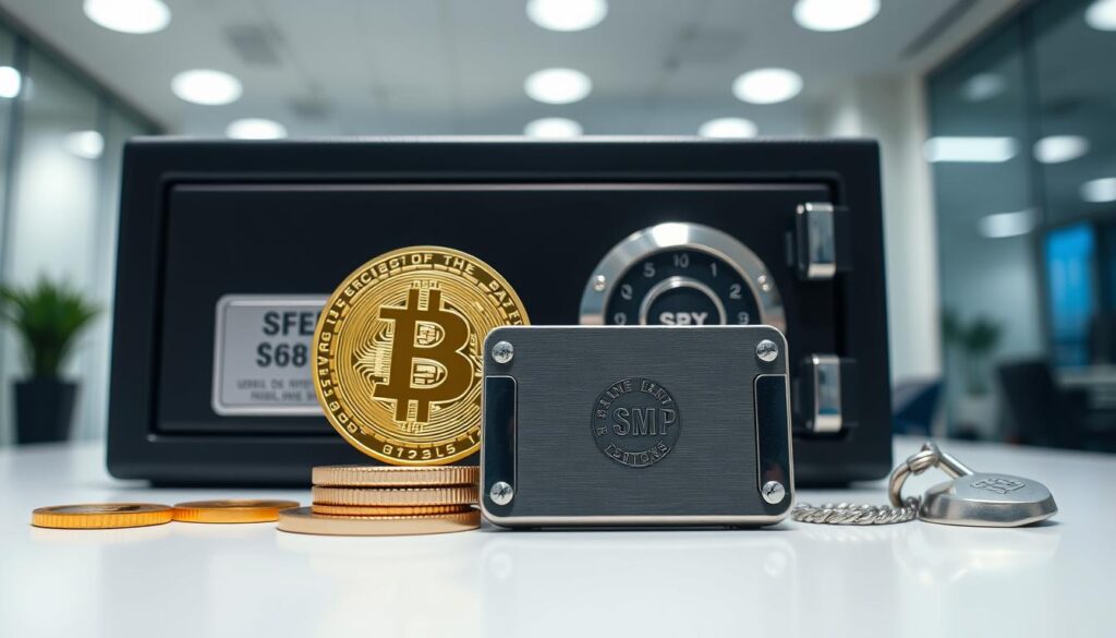 Secure setup for Bitcoin self-custody showing hardware wallet and backup materials