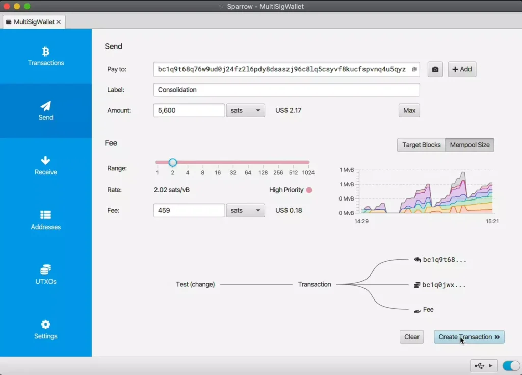 Sparrow Wallet interface showing a multi-signature setup