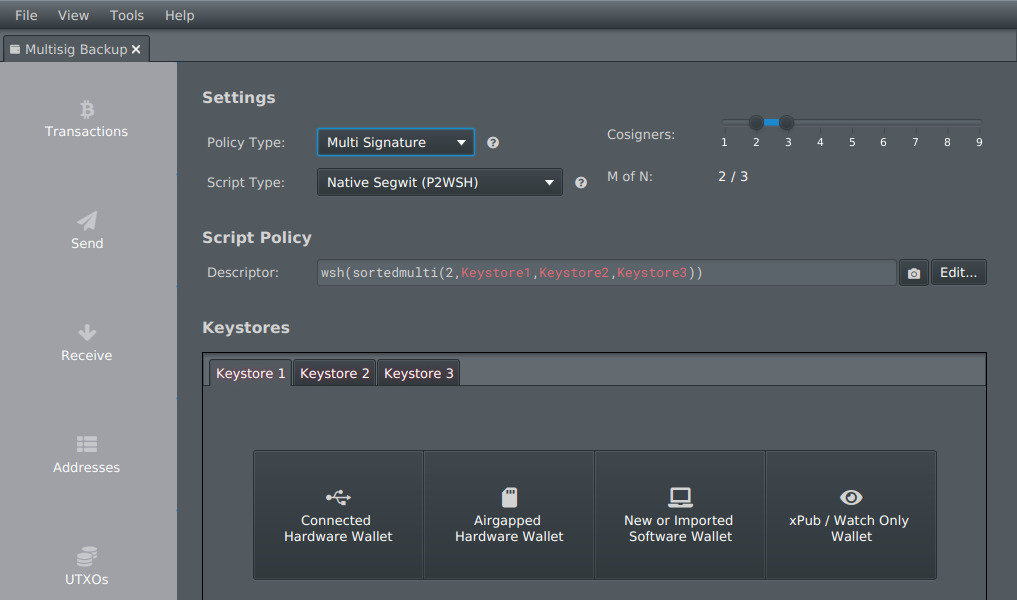 Sparrow Wallet multi-signature setup screen