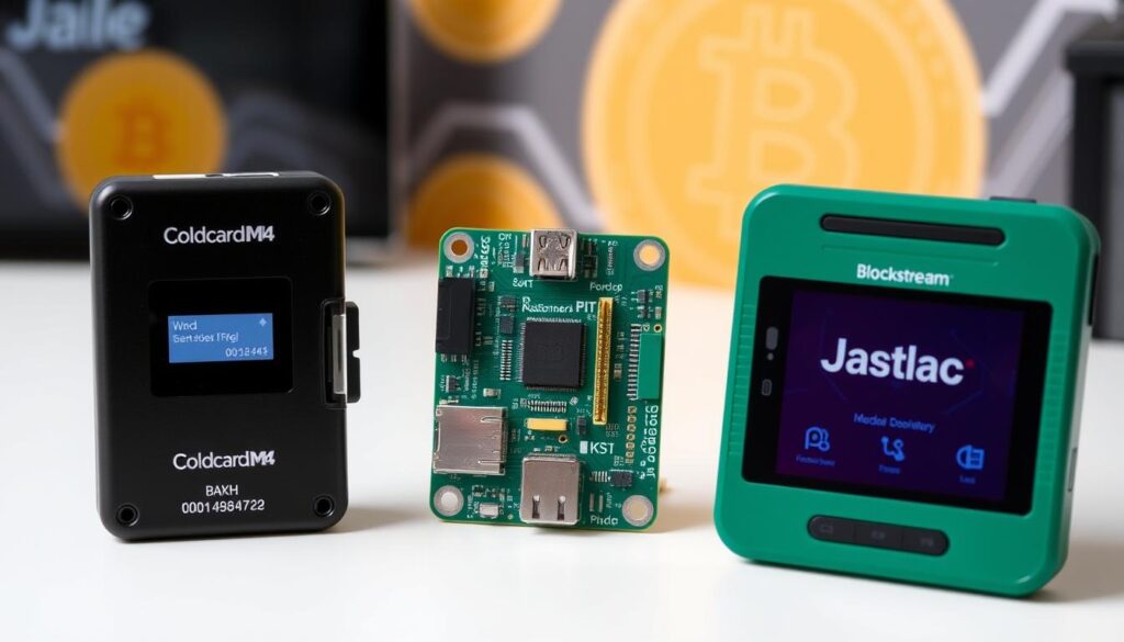 Three popular hardware wallets for Bitcoin vaults: Coldcard, Seedsigner, and Blockstream Jade