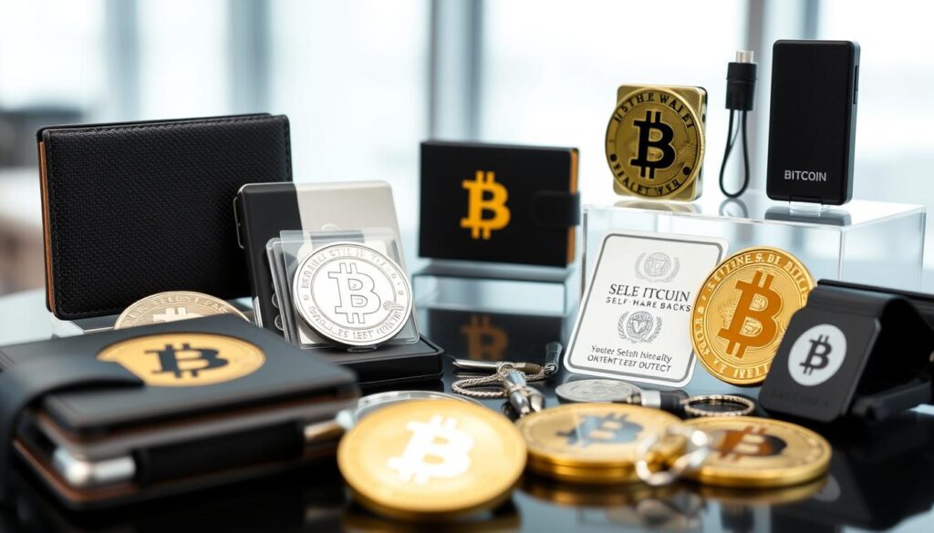 Various Bitcoin self-custody solutions including hardware wallets and metal backups