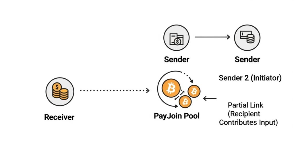 Diagram comparing regular Bitcoin transactions with CoinJoin and PayJoin for privacy