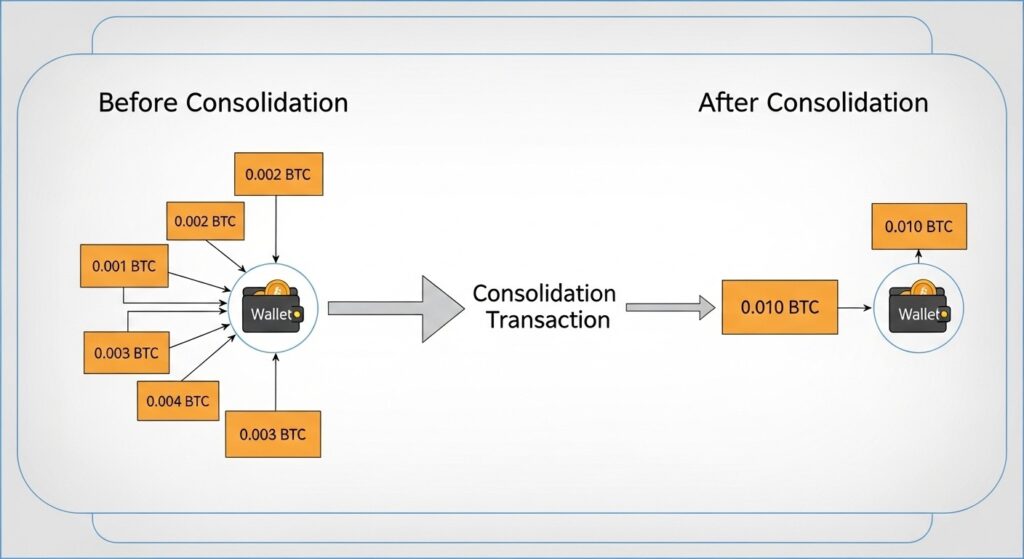 Diagram showing UTXO consolidation process with before and after states