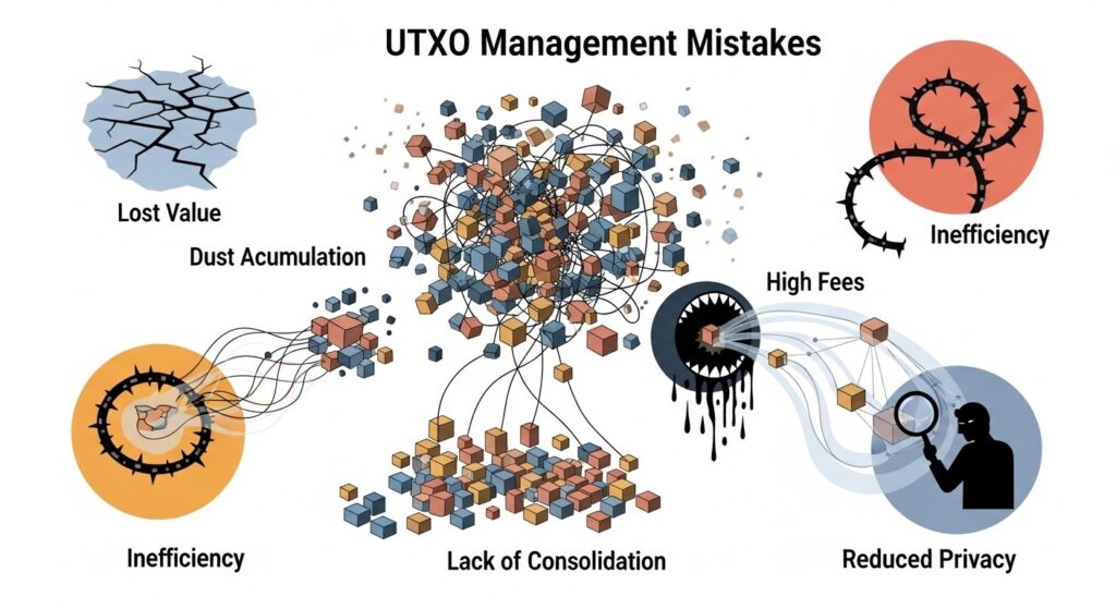 Illustration showing common UTXO management mistakes and their consequences