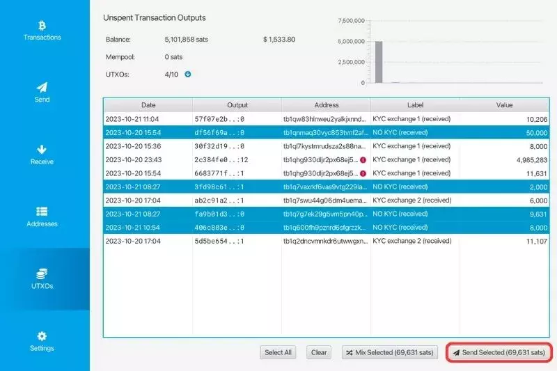 Screenshot of coin control feature in a Bitcoin wallet showing UTXO selection