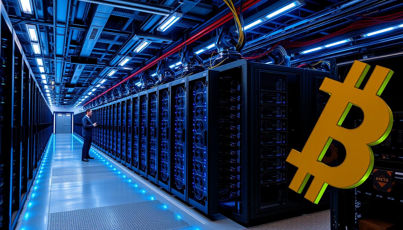 Bitcoin mining operation showing rows of ASIC miners in a data center with blue lighting