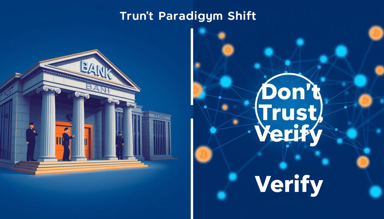 Comparison of centralized trust model with traditional bank buildings versus decentralized Bitcoin network visualization showing the Trust Paradigm Shift