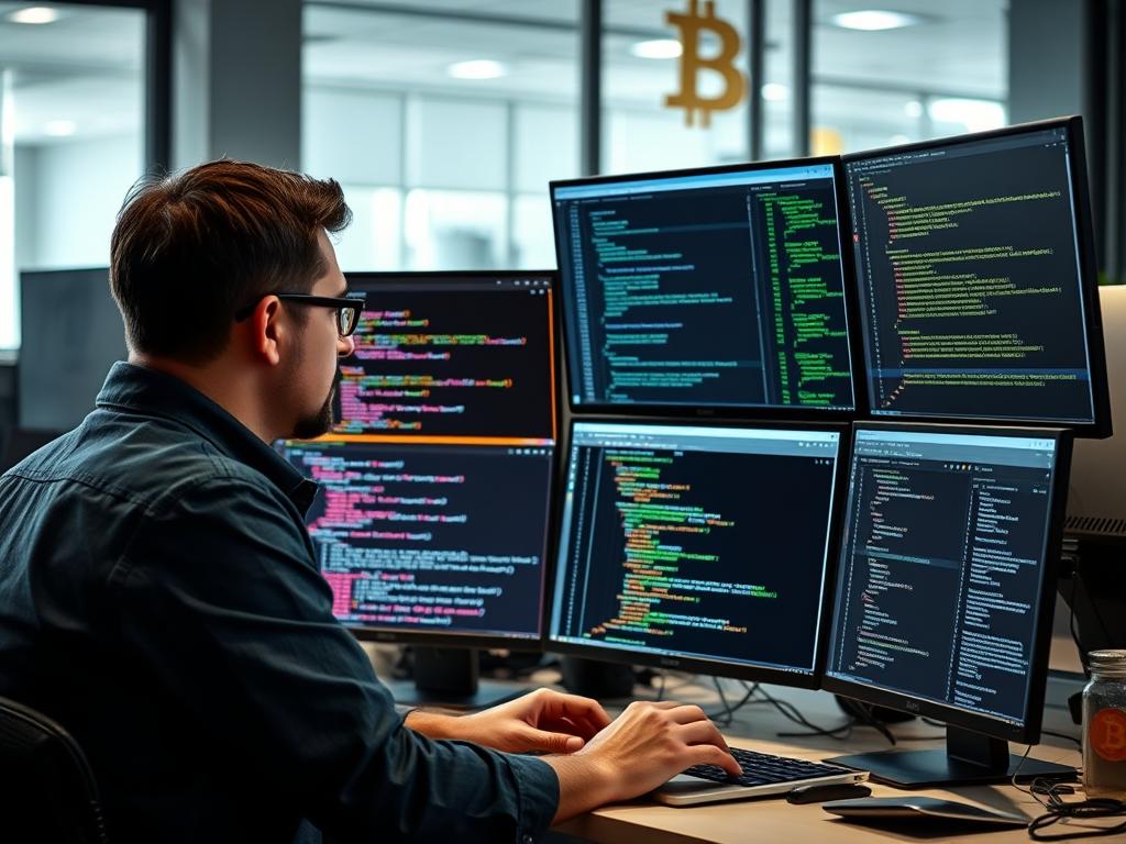 Developer analyzing Bitcoin Miniscript code on multiple screens