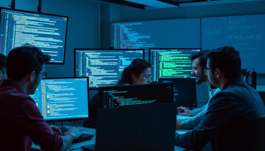 Developers collaborating on open source code with visible Trust Paradigm Shift principles