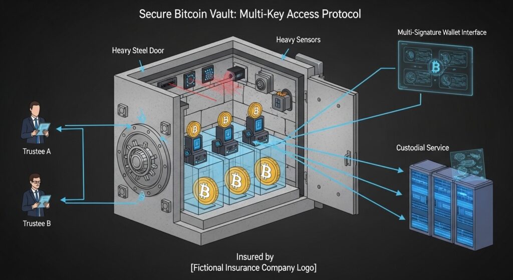 Diagram of an insured Bitcoin vault with multiple key holders