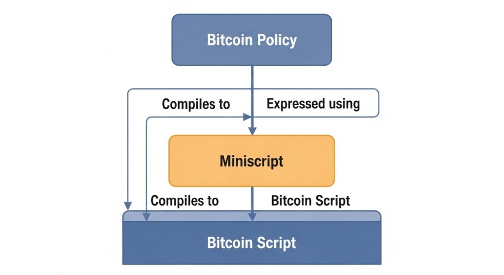 Diagram showing the relationship between Bitcoin Policy, Miniscript, and Bitcoin Script