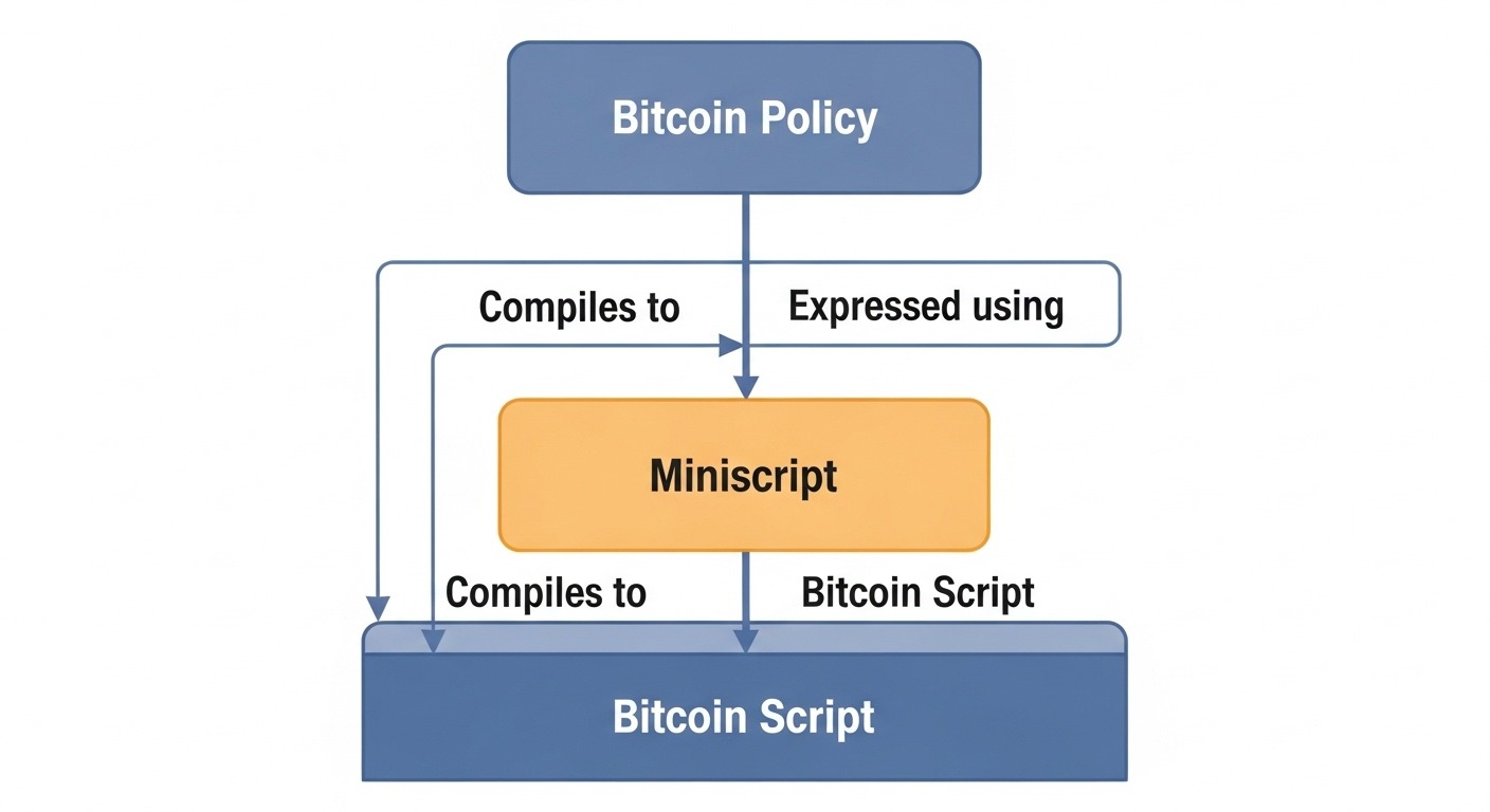 Diagram showing the relationship between Bitcoin Policy, Miniscript, and Bitcoin Script