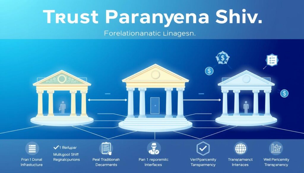 Future vision of integrated financial systems showing the Trust Paradigm Shift across traditional and digital assets