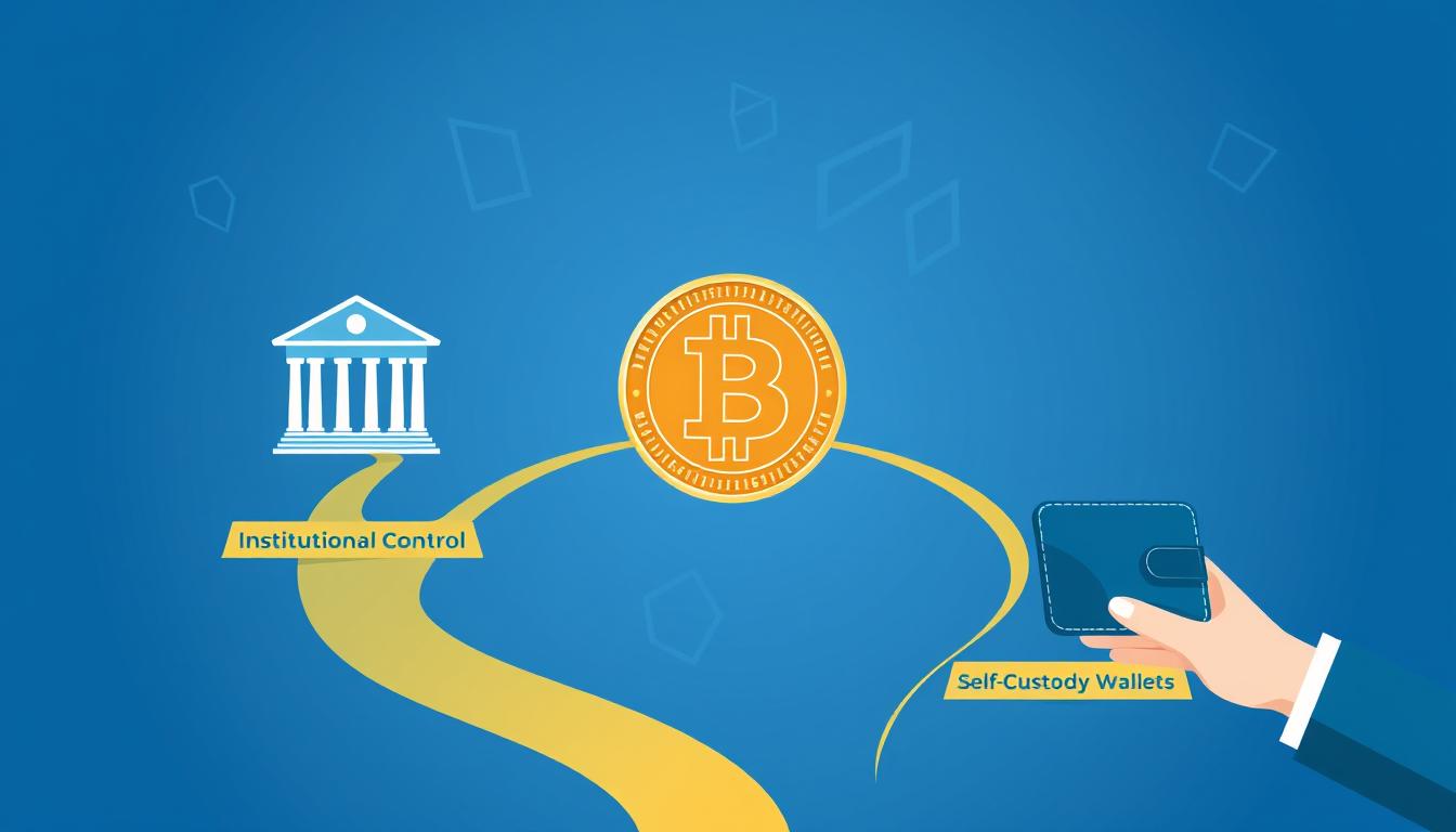 Institutional control vs individual self-custody illustrated as two paths diverging from a Bitcoin