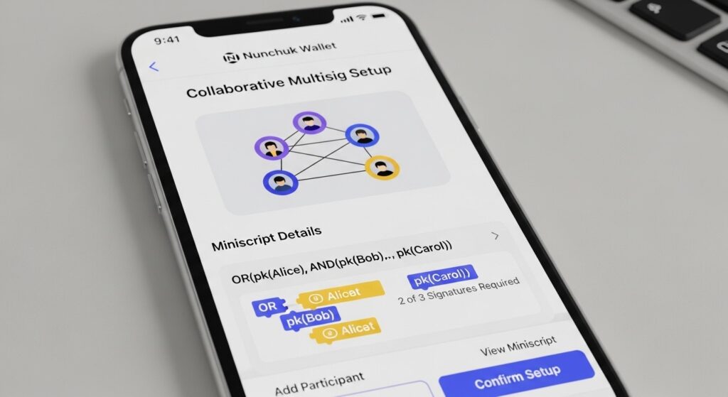Nunchuk Wallet showing collaborative multisig setup with Miniscript