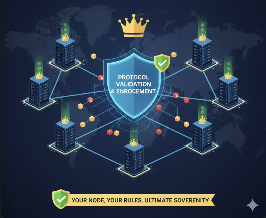 A network of Bitcoin full nodes representing the decentralized enforcement of Bitcoin full node sovereignty