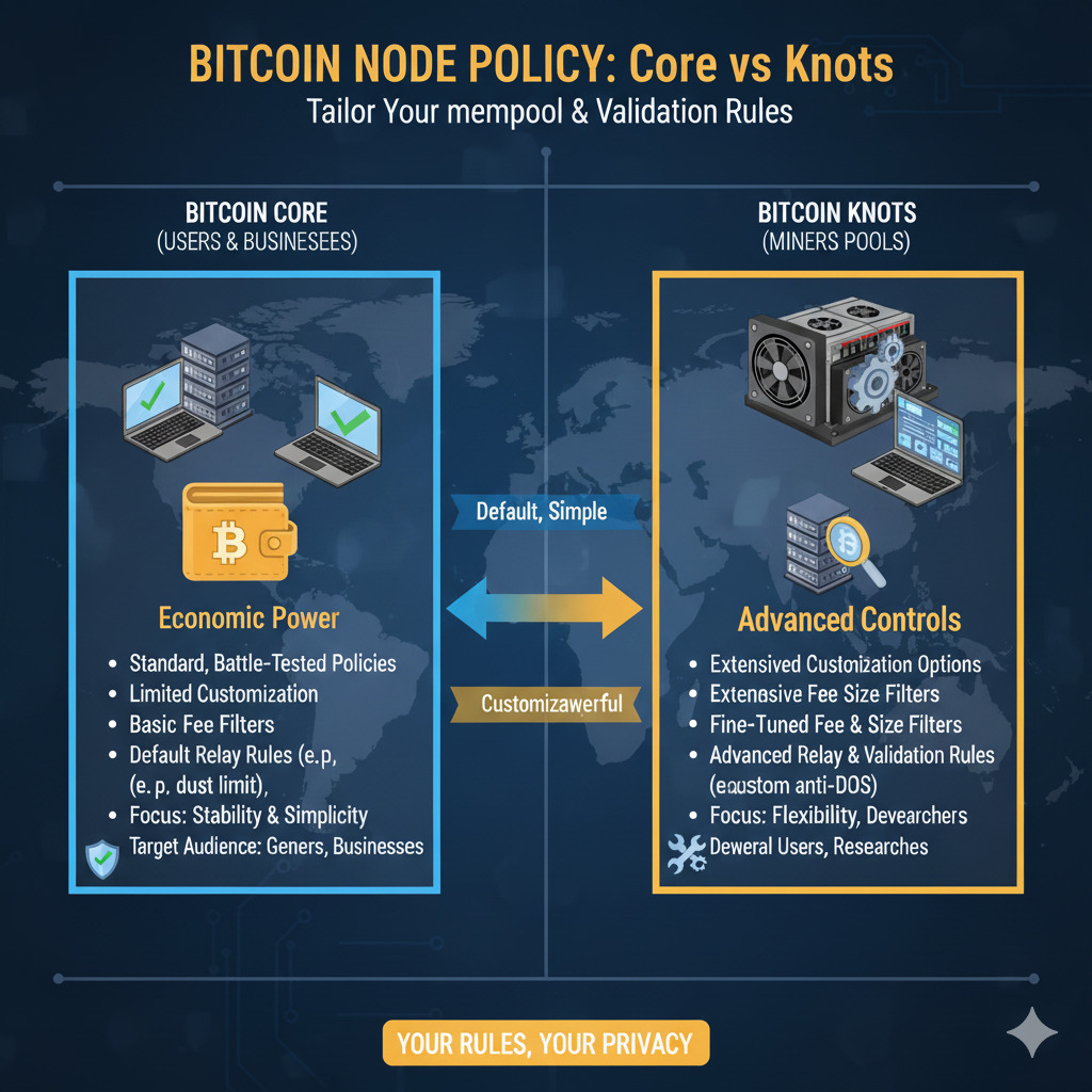 Comparison of Bitcoin Core vs Bitcoin Knots policy controls