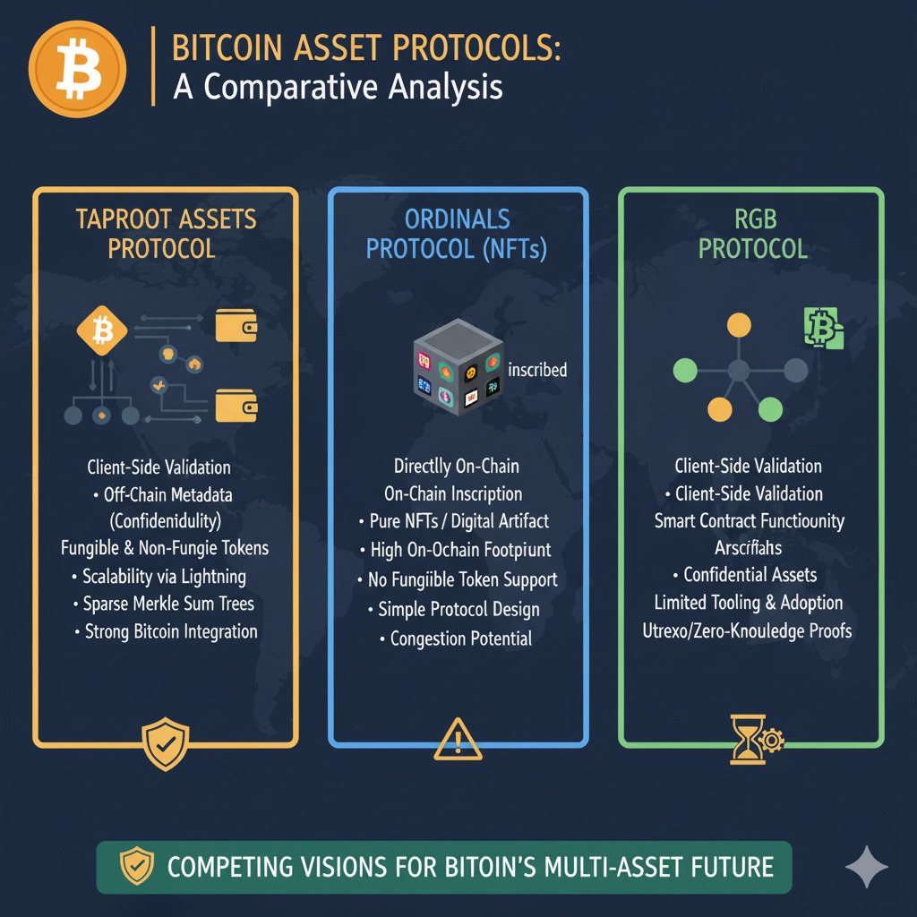 Comparison of Taproot Assets and competing Bitcoin asset protocols