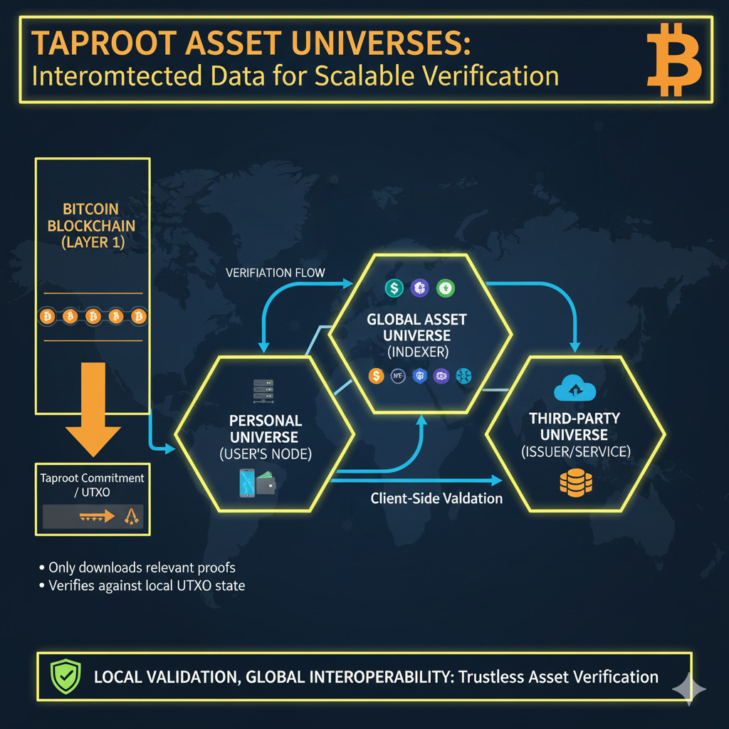 Conceptual illustration of Taproot Asset Universes showing data repositories and verification flow