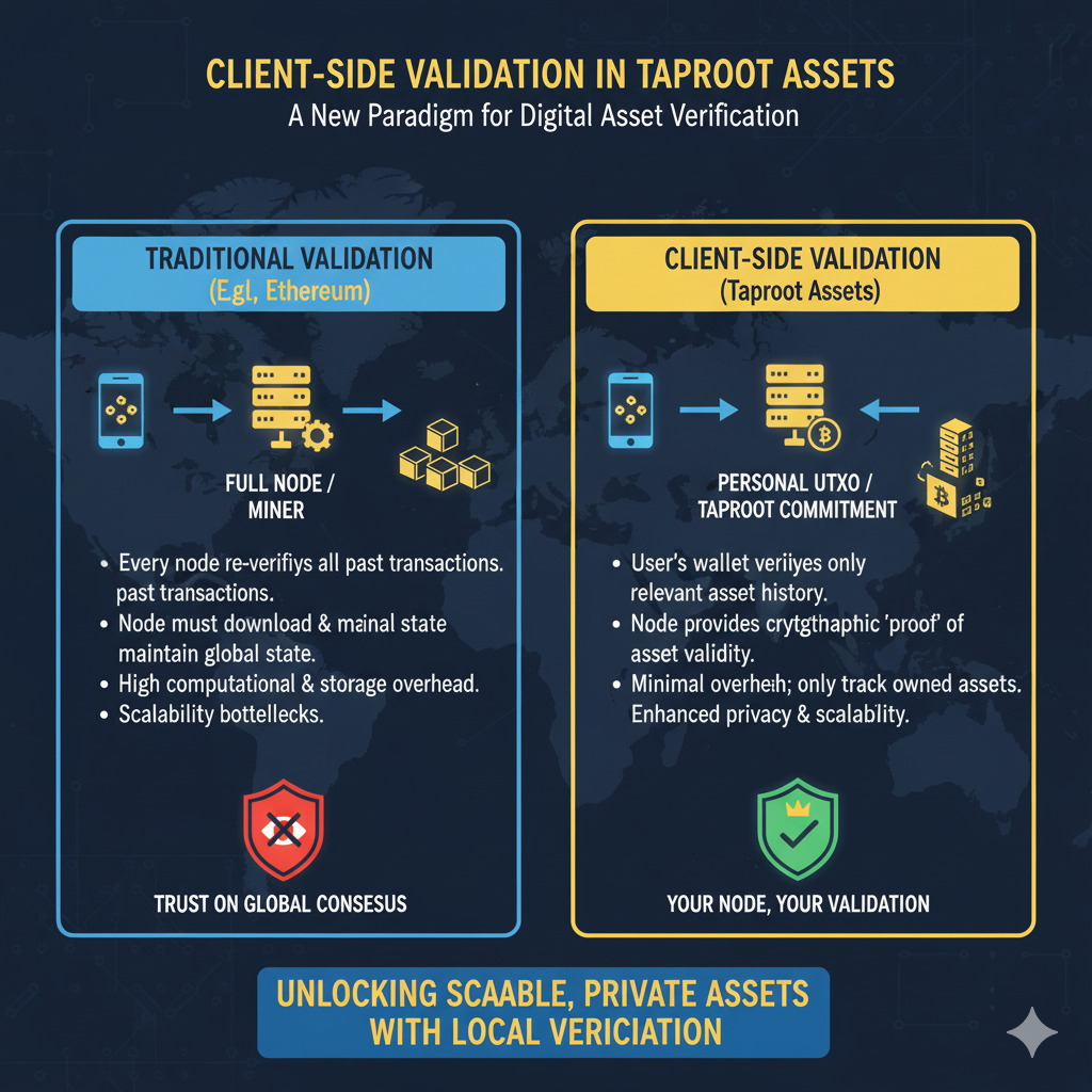 Diagram explaining Client-Side Validation in Taproot Assets compared to traditional validation