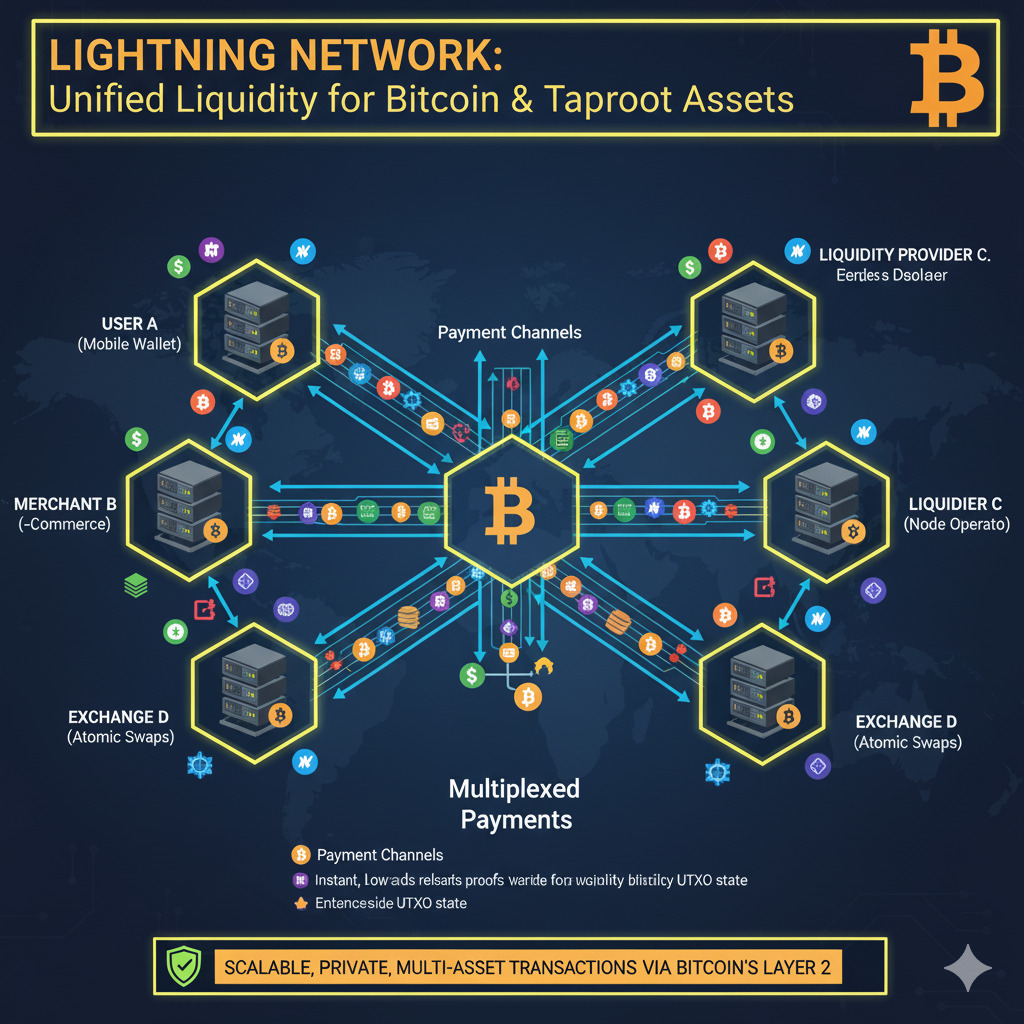 Diagram of Lightning Network channels carrying both Bitcoin and Taproot Assets