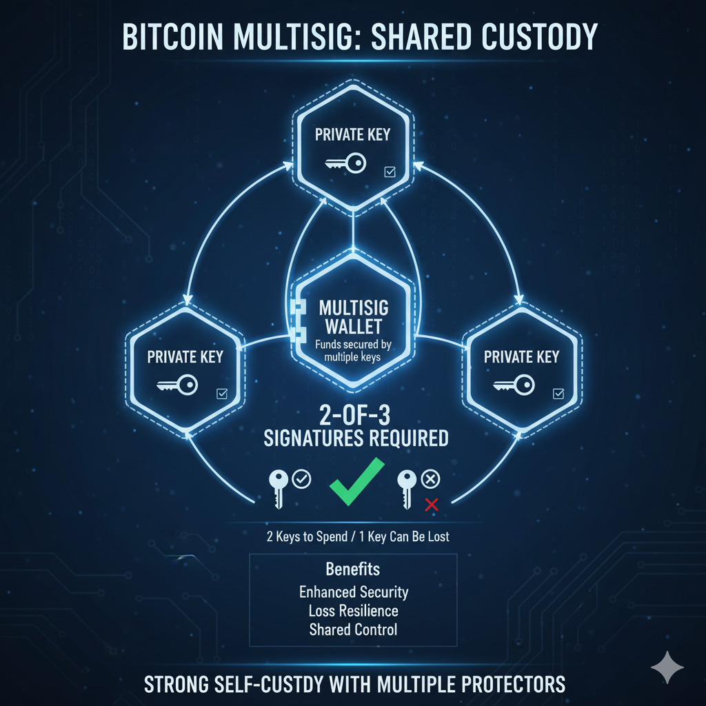 Diagram of a multisig setup for Bitcoin self-custody showing how multiple keys secure a single wallet