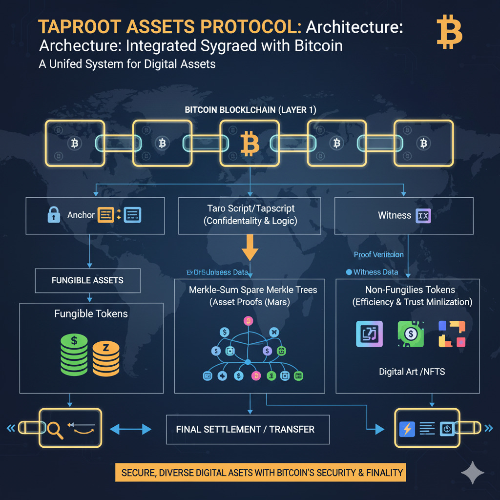 Diagram showing Taproot Assets Protocol architecture with Bitcoin blockchain integration