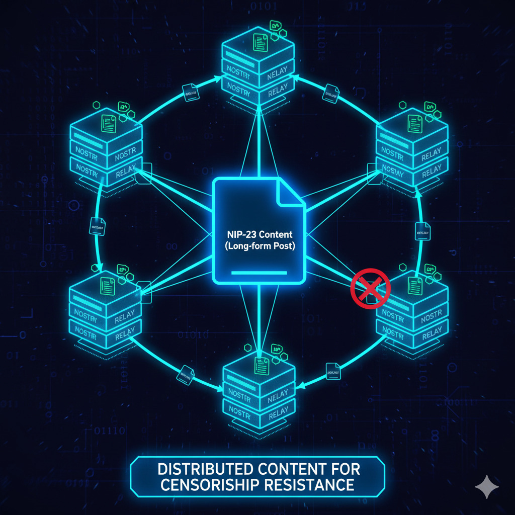 Diagram showing how NIP-23 content is distributed across multiple Nostr relays for censorship resistance