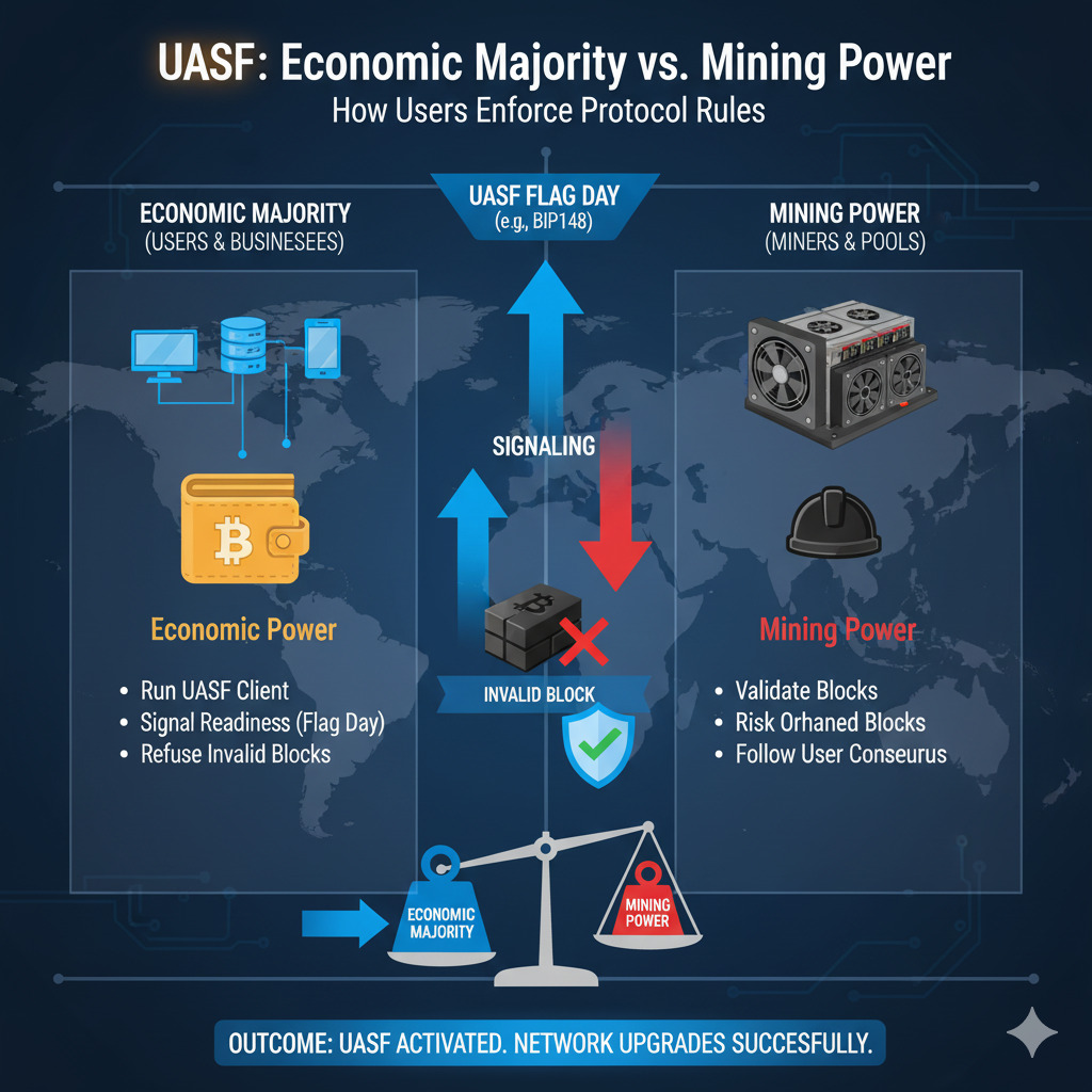 Diagram showing how UASF leveraged economic majority power against mining power