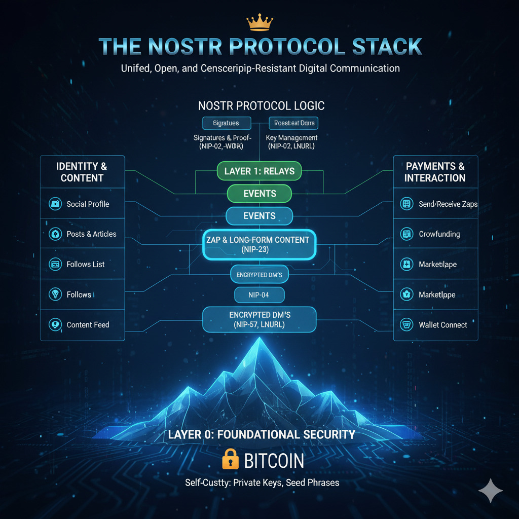 Diagram showing the complete Nostr protocol stack for sovereign consulting services