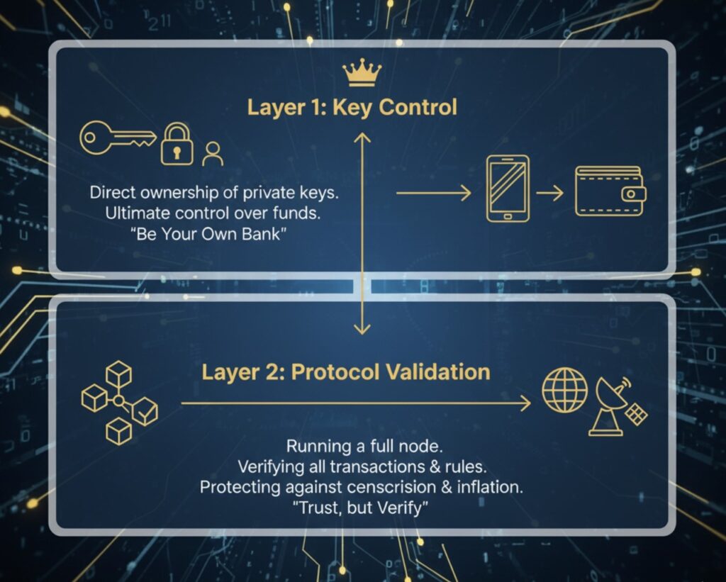 Figure 1: The two layers of Bitcoin sovereignty - key control and protocol validation