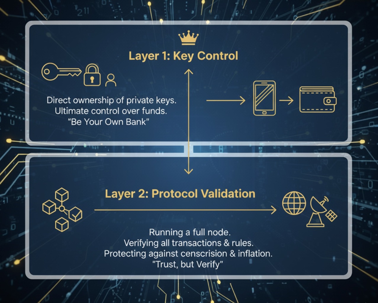Figure 1: The two layers of Bitcoin sovereignty - key control and protocol validation