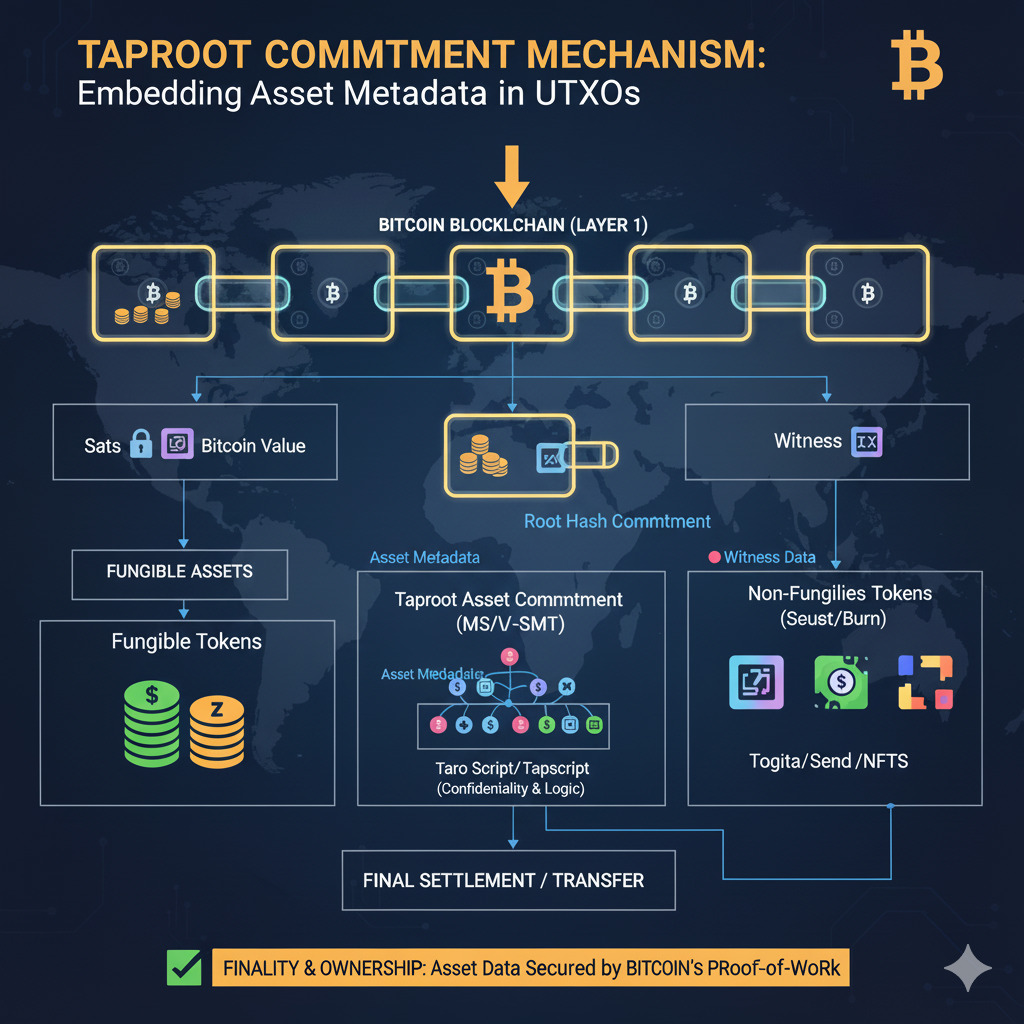 Illustration of Taproot commitment mechanism showing how asset metadata is embedded in UTXOs