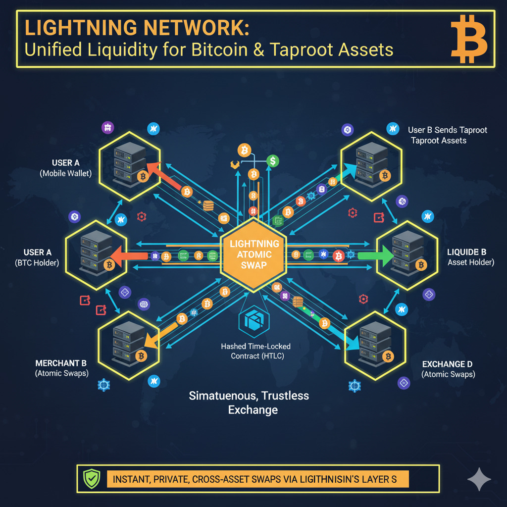 Illustration of atomic swaps between Bitcoin and Taproot Assets on Lightning Network