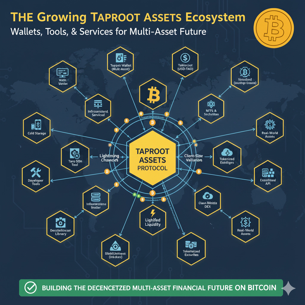 Illustration of the growing Taproot Assets ecosystem with wallets, tools, and services