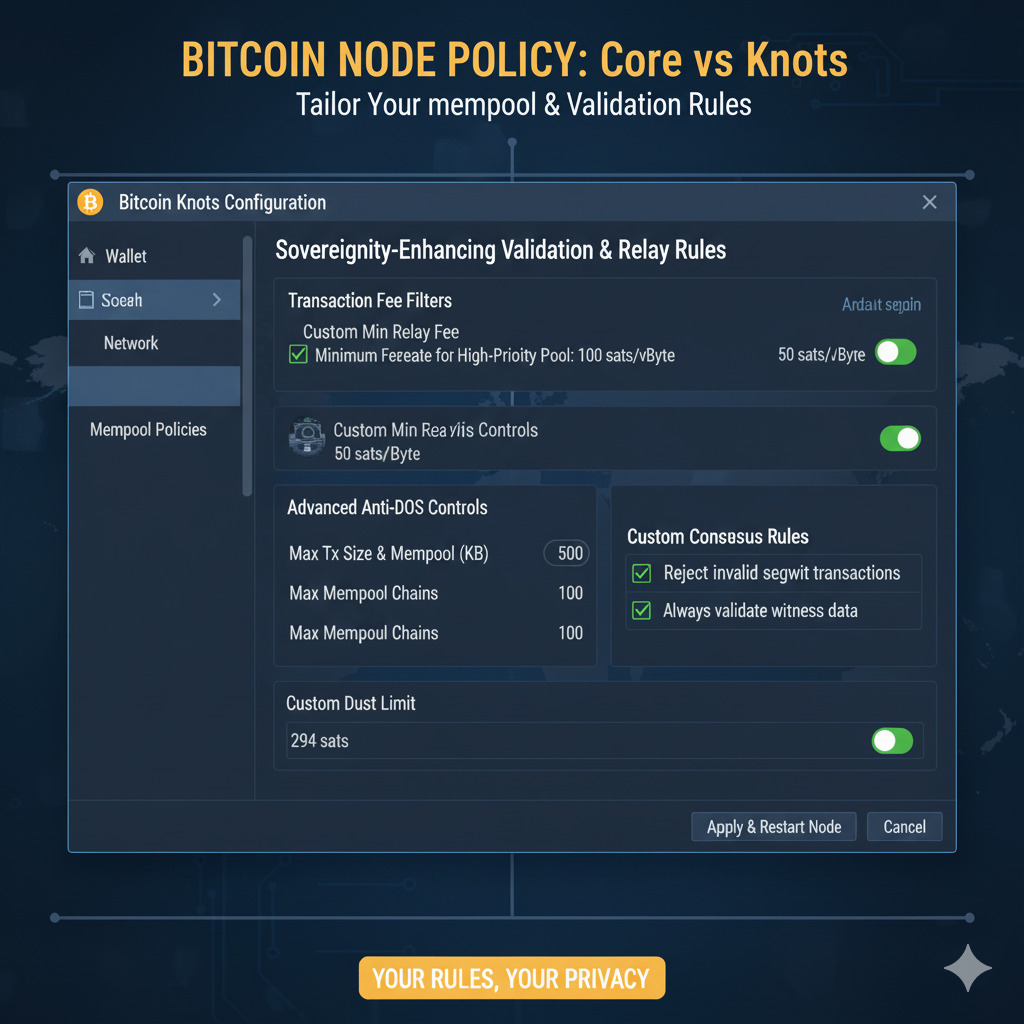 Screenshot of Bitcoin Knots configuration with sovereignty-enhancing settings