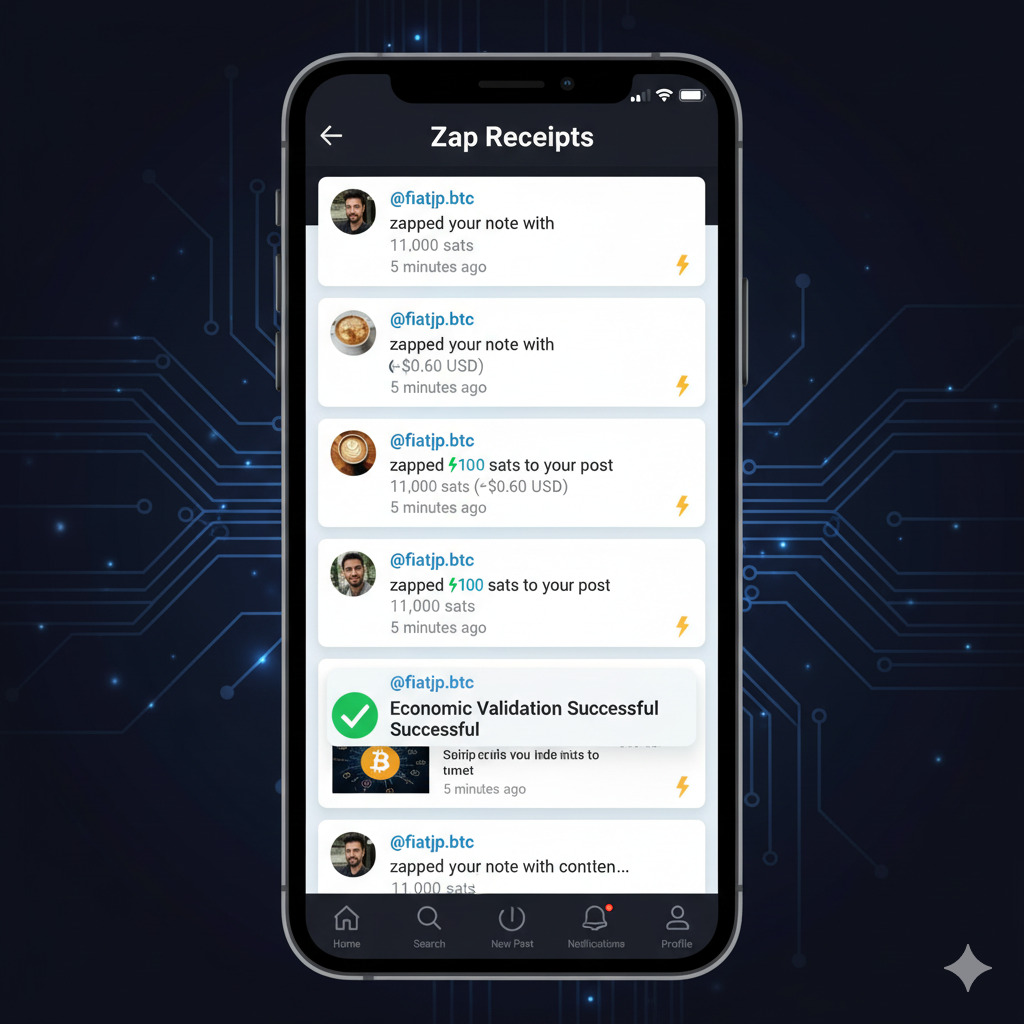 Screenshot of Zap receipts showing economic validation of content through Bitcoin payments